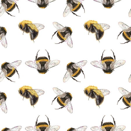 hand drawn watercolor seamless pattern of bees and bumblebeesの写真素材