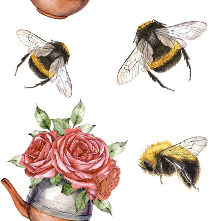 hand drawn watercolor seamless pattern of vintage copper kettle, flowers and bumblebeesの写真素材
