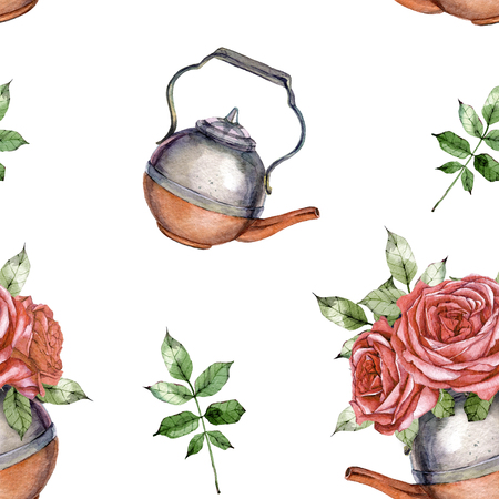 hand drawn watercolor seamless pattern of vintage copper kettle and flowersの写真素材