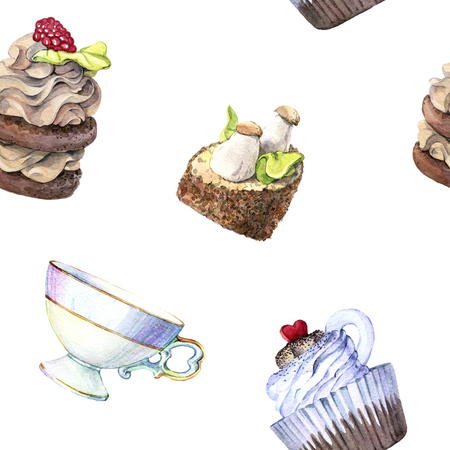 hand drawn watercolor seamless pattern of cakes and vintage Cupの写真素材