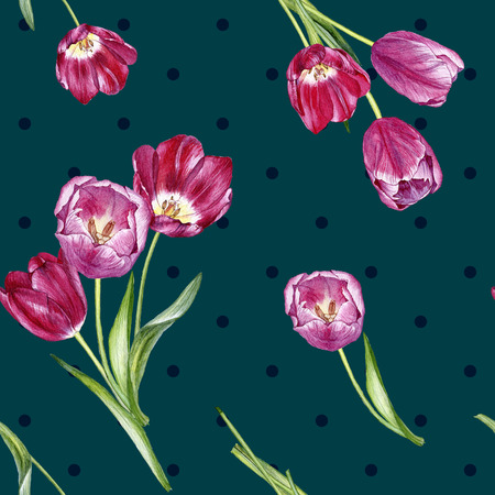 hand drawn watercolor seamless pattern with tulipsの写真素材