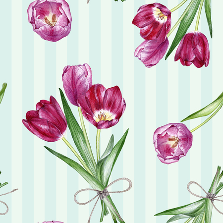 hand drawn watercolor seamless pattern with tulipsの写真素材