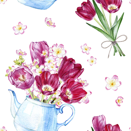 hand drawn watercolor seamless pattern with tulipsの写真素材