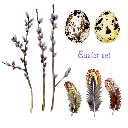 hand drawn Easter set consisting of willow branches, eggs and feathersの写真素材