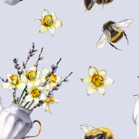 hand drawn watercolor seamless spring patternの写真素材