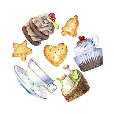 Hand drawn watercolor set of cakes, biscuits and tea cupsの写真素材