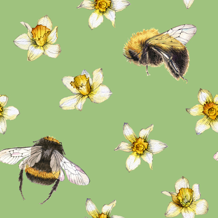 Hand drawn watercolor seamless pattern made of daffodils and bumblebeeの写真素材