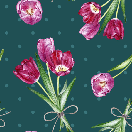 Hand drawn watercolor seamless pattern made of spring flowers and bouquetsの写真素材