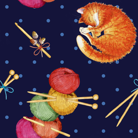 hand drawn watercolor seamless pattern consisting of knitting accessoriesの写真素材