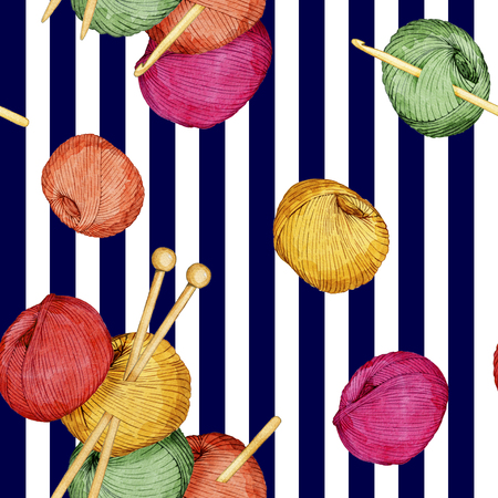 hand drawn watercolor seamless pattern consisting of knitting accessoriesの写真素材