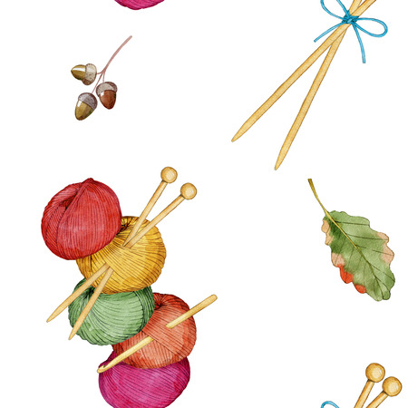Hand drawn watercolor seamless pattern consisting of knitting accessoriesの写真素材