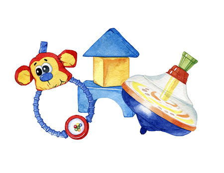 hand drawn watercolor composition of childrens toysの写真素材