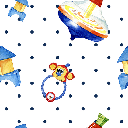hand drawn watercolor seamless pattern of childrens toysの写真素材