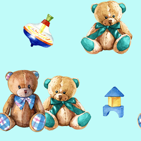 hand drawn watercolor seamless pattern of childrens toysの写真素材