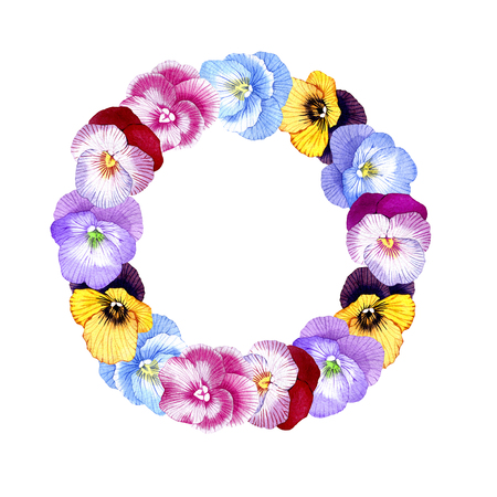 hand drawn watercolor Pansy wreathの写真素材