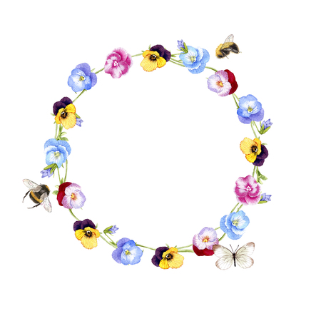 hand drawn watercolor Pansy wreathの写真素材