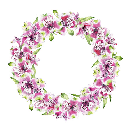 hand drawn watercolor wreath of flowers of Alstroemeriaの写真素材