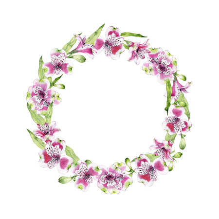 hand drawn watercolor wreath of flowers of Alstroemeriaの写真素材