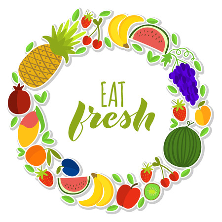 Vector illustration of fruits composition in wreath with text Eat Fresh for print, poster, advertisingのイラスト素材