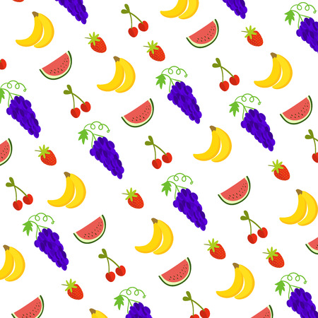 Vector illustration of fruits pattern including watermelon, babanas, grapes, cherries and srawberries for background decorationのイラスト素材