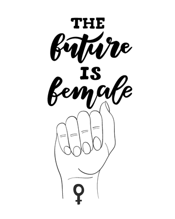 Vector illustration of hand drawn brush lettering quote The Future Is Female and fist of woman raised up with feminist tatoo on wrist for print, poster, feminine design. Feminine concept. Fight like a girlのイラスト素材