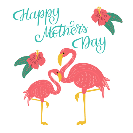 Vector illustration of Happy Mother's Day hand lettering and hand drawn flamingos and flowers for greeting card, print, poster, backgroundのイラスト素材
