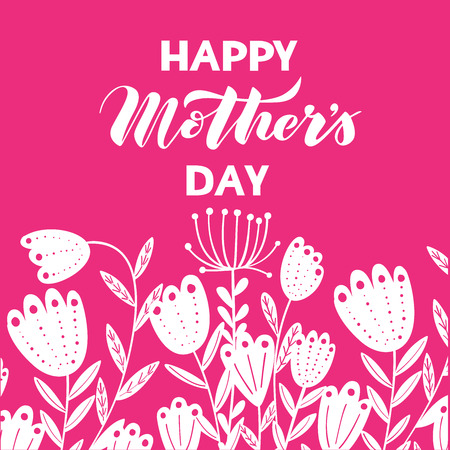 Vector illustration of Happy Mother's Day hand lettering and hand drawn flowers silhouette on bright pink background for greeting card, print, poster, backgroundのイラスト素材