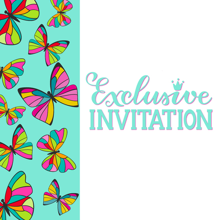 Exclusive invitation, vector illustration of bright butterflies border background with hand lettering text Exclusive Invitation for card, invitation, flyer, print, poster designのイラスト素材