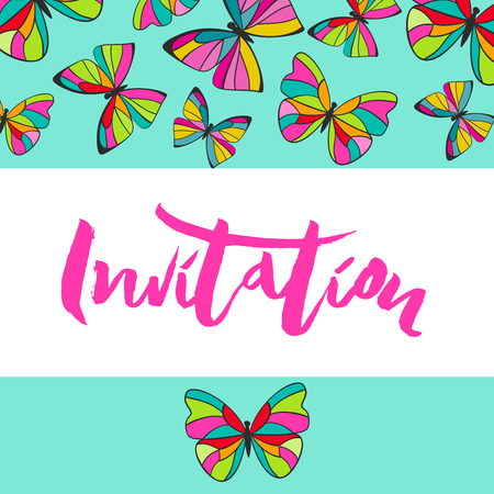 Invitation, vector illustration of bright butterflies border background with hand lettering text Invitation for card, invitation, flyer, print, poster designのイラスト素材