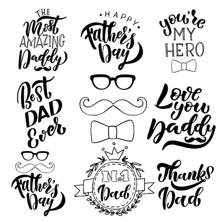 Fathers Day vector illustration collection for greeting card. Happy Fathers Day brush calligraphy, hand letteringのイラスト素材