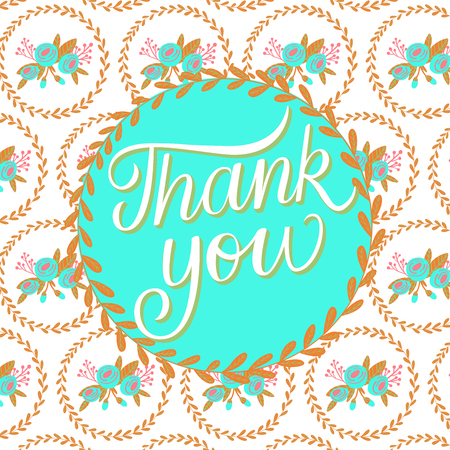Vector illustration of hand drawn brush lettering quote Thank You! on floral pattern background for card or invitation designの写真素材