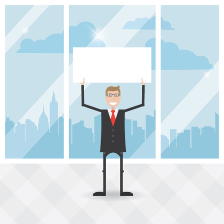 Businessmen in office holding big blank paper over headのイラスト素材