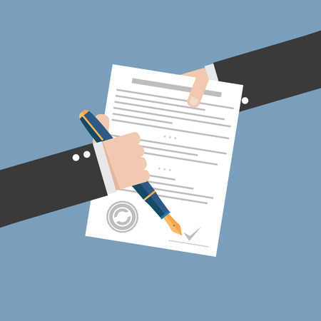 Vector agreement icon - flat illustration - hand signing contract on white paper