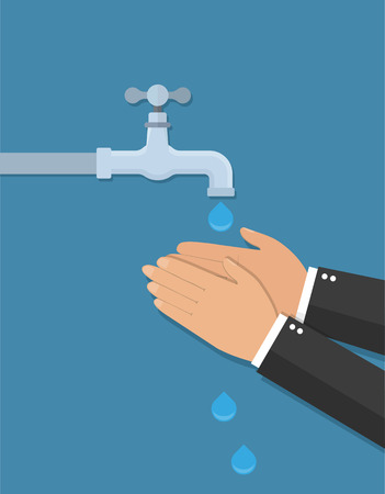Hands under falling water out of tap. Man washes hands. Flat styleのイラスト素材