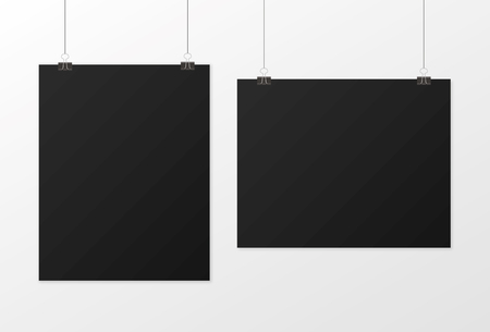 Black poster hanging. Mock up empty paper blank. Vertical and horizontal template. Vector illustrationのイラスト素材
