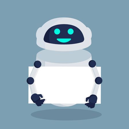 Smiling robot with signboard. Vector flat iconのイラスト素材