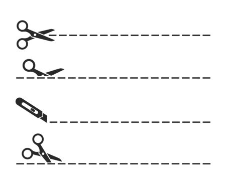 Scissors black icon with cut lines set. Vector illustrationのイラスト素材