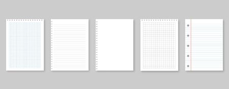 Set of vector illustrations sheets paper. Lined and square, on gray backgroundのイラスト素材