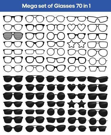 Many types of glasses. Fashion collection set glasses isolated. Vector illustration. Glasses icons frames silhouettes.のイラスト素材