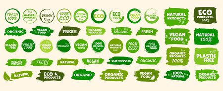 Labels and emblems organic, natural, healthy food, fresh and vegetarian foodのイラスト素材