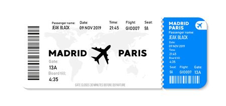 Realistic airline ticket design with passenger name. Vector illustrationのイラスト素材