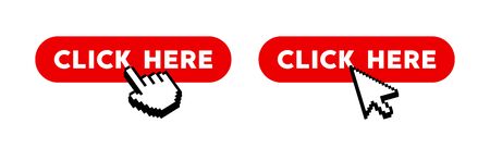 Click here button with hand pixel icon. Vector iconのイラスト素材