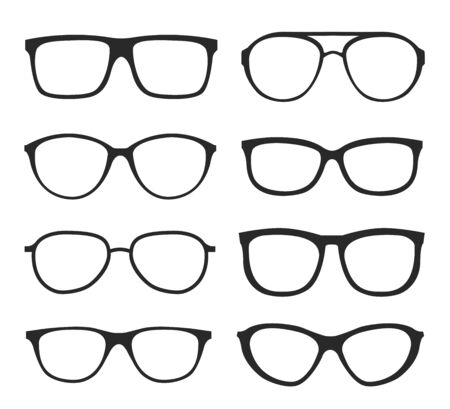 Many types of glasses. Fashion collection set glasses isolated. Vector illustration. Glasses icons frames silhouettes.のイラスト素材