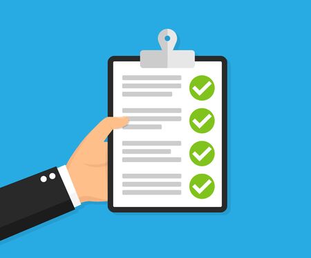 Hand holding clipboard with checklist. Vector illustrationのイラスト素材