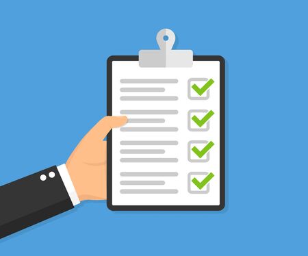 Hand holding clipboard with checklist. Vector illustrationのイラスト素材