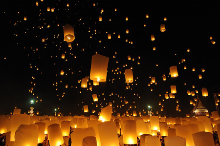 CHIANG MAI THAILAND - OCTOBER 25 : The Floating Lanterns Tudong - Khasathan festival. Tourist lights floating lanterns made of paper annually at the Sansai. on Oct. 25, 2014 in Chiang Mai, Thailand.のeditorial素材
