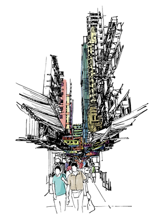 Buildings on market street sketchbook : Hong Kong.のイラスト素材