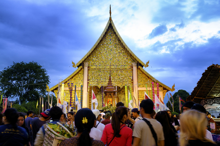 CHIANG MAI THAILAND - MAY 28, 2017 : Inthakhin traditional Offerings of flowers.Thai offering flowers attended ceremony to worship the city pillar at Chedi Luang temple Important traditions every yearのeditorial素材