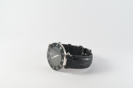 Black watch with leather beltの写真素材