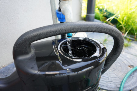Watering the garden from the hose of a black plastic canister.の写真素材